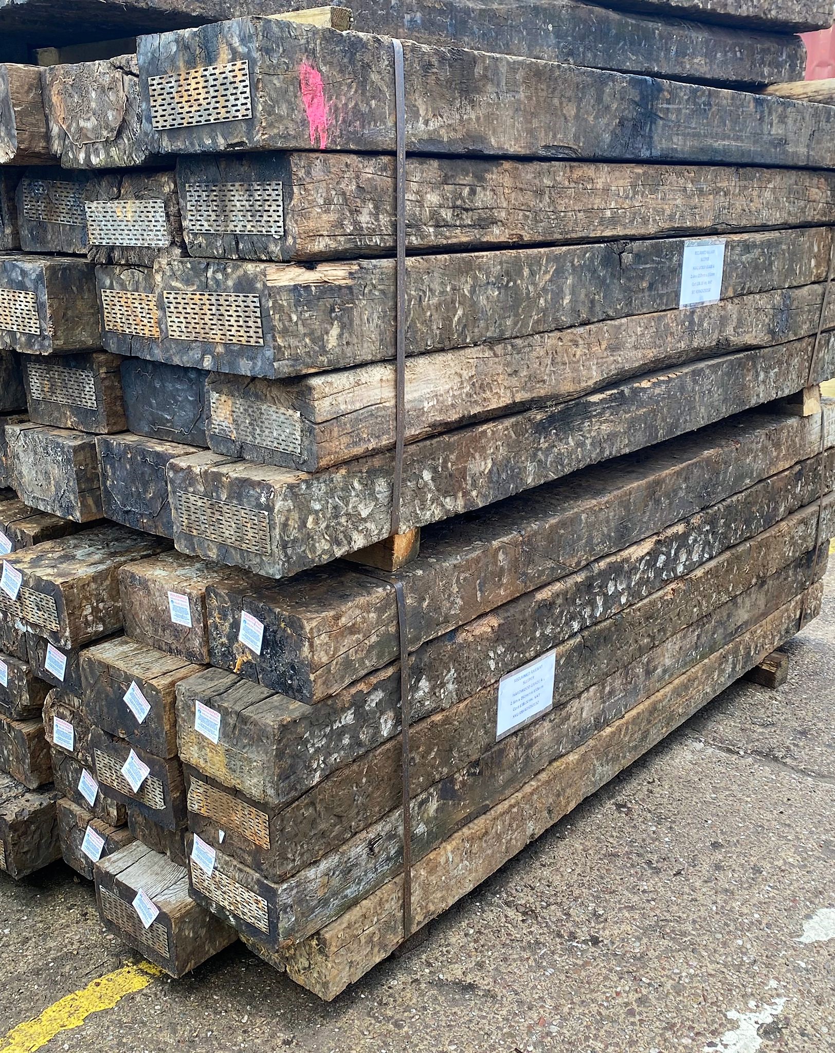 Reclaimed Hardwood Sleeper, Grade 'A'. Dimensions 2.6m x 250mm x 1500mm or 8'6" x  10" x 6" Weight 100kg approximately. Reclaimed Hardwood Sleeper are a popular choice for garden structures, planters, steps, walls and many more. These sleepers vary slightly in lengths and thicknesses as they're reclaimed.  They're available from one to large quantities. When a greater depth or length is required sleepers can be screwed and fixed together.